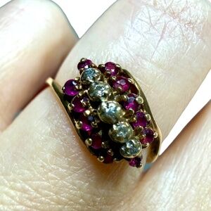 Vintage 10K Gold Ruby Diamond Navette Cluster Ring Size 4.25